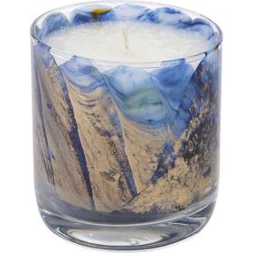 THE INSIDE OF THIS 3.5 in WAX PAINTED AND COMES IN A NEW GLASSWARE AND PACKAGED IN A GIFT-READY BOX. CANDLE IS FILLED WITH PUMICE; STARFRUIT; MOONFLOW