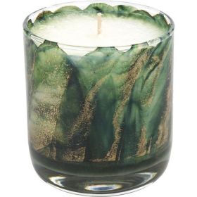 THE INSIDE OF THIS 3.5 in WAX PAINTED AND COMES IN A NEW GLASSWARE AND PACKAGED IN A GIFT-READY BOX. CANDLE IS FILLED WITH SAGE; CEDARWOOD; PEPPERCRON